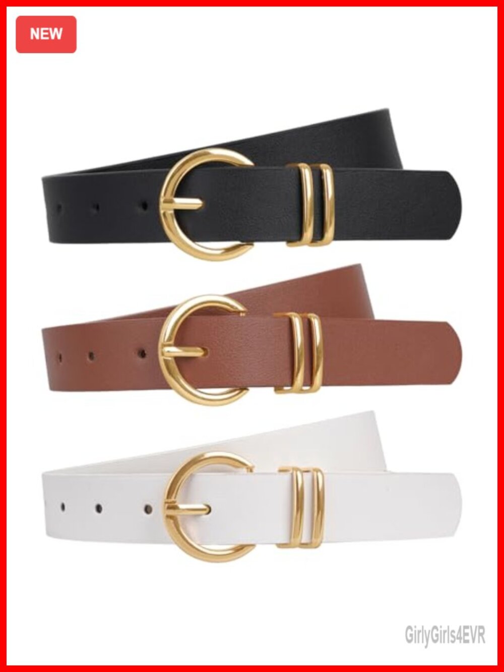 3 Pack Women's Faux Leather Belts with Gold Buckle for Jeans Pants